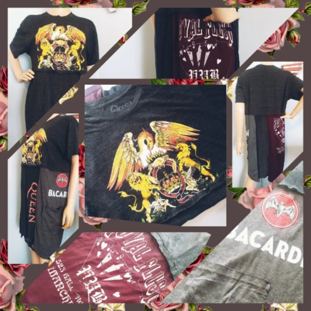 QUEEN BACARDI RUM Royal Flush Pub Vintage T Shirt Dress Handmade Reworked Large